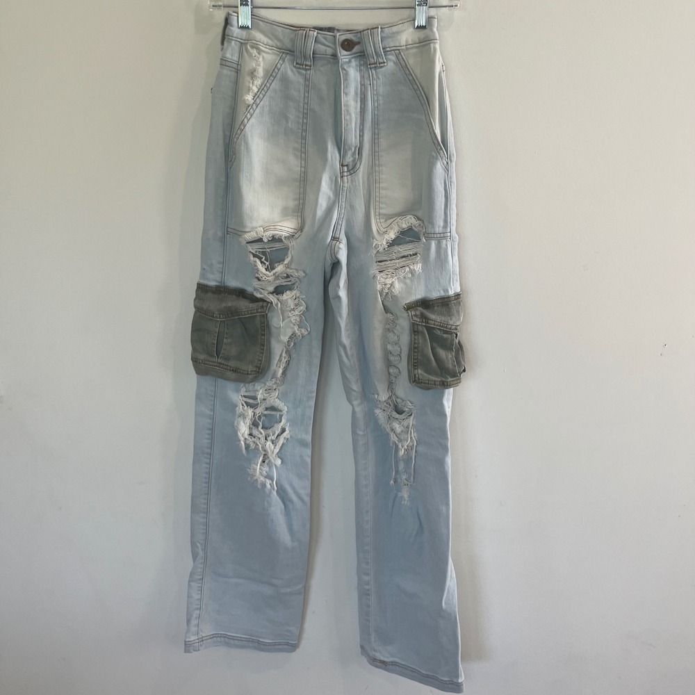 Aphrodite Distressed Cargo Jeans Light Wash Olive Pockets Size 1 25 AP40570